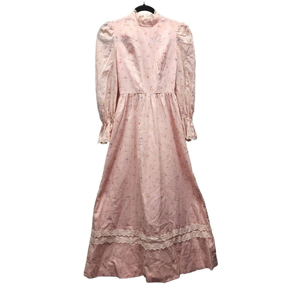 Vintage Handmade 70's Prairie CottageCore Pink Floral Long Sleeve Dress Sz 0?‎